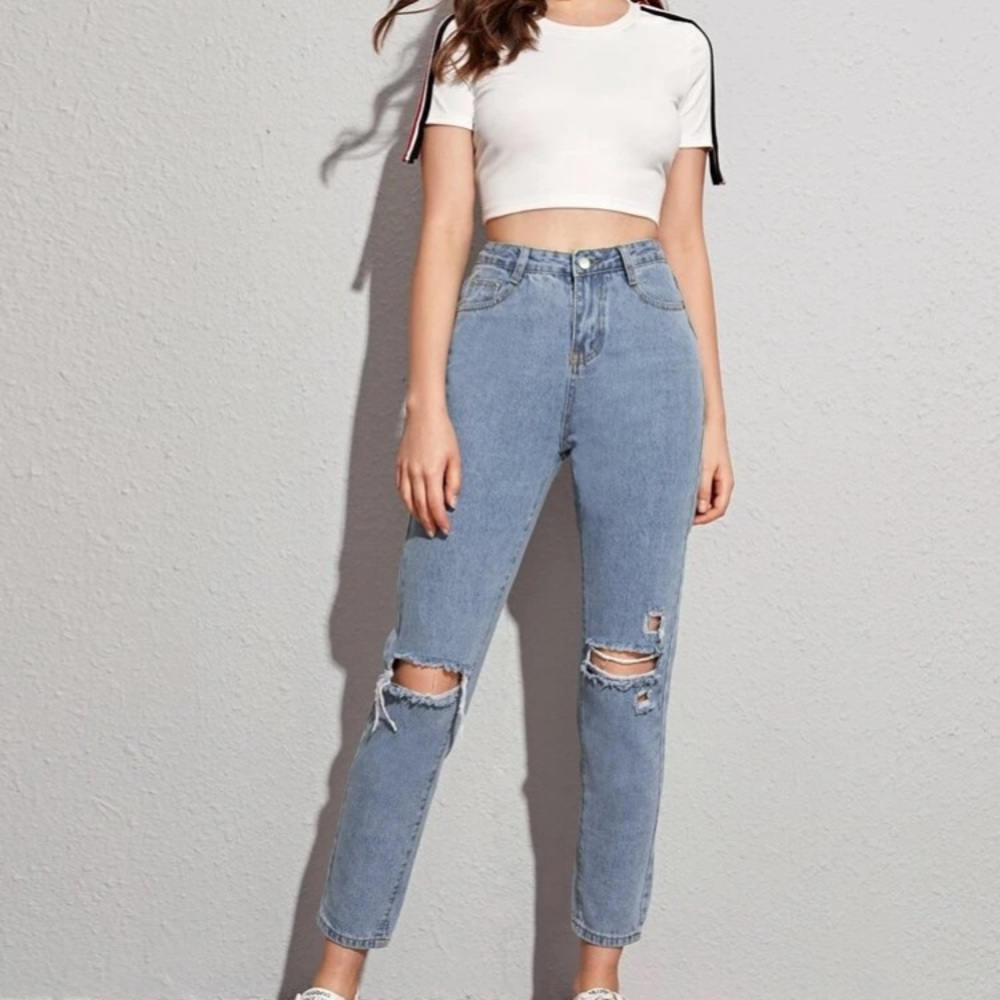 SHEIN high waisted ripped knee jeans